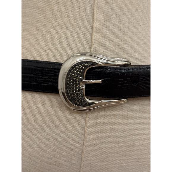 Judith Jack 1990s Black Leather Marcasite Buckle Belt MED Silvertone Western - Picture 9 of 16